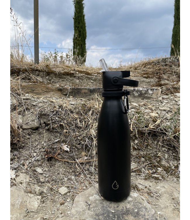 All FLOW waterfles RVS zwart 500 ml - dop met rietje