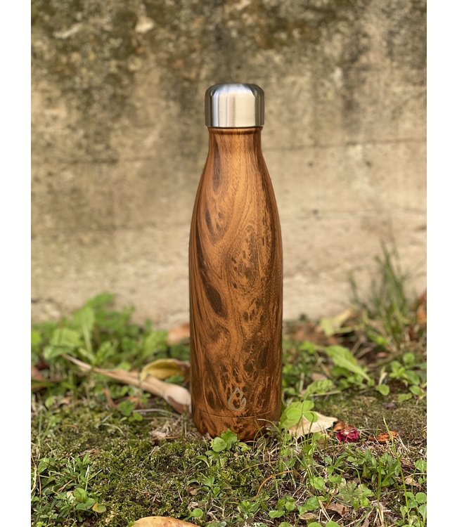 Wattamula Design eco RVS waterfles wood 500 ml - extra dop met rietje