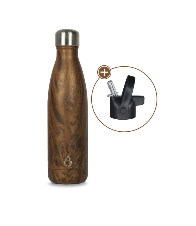 Wattamula Design eco RVS waterfles wood 500 ml - extra dop met rietje
