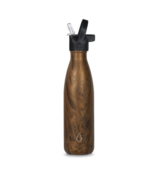 FLOW waterfles RVS wood 500 ml - dop met rietje