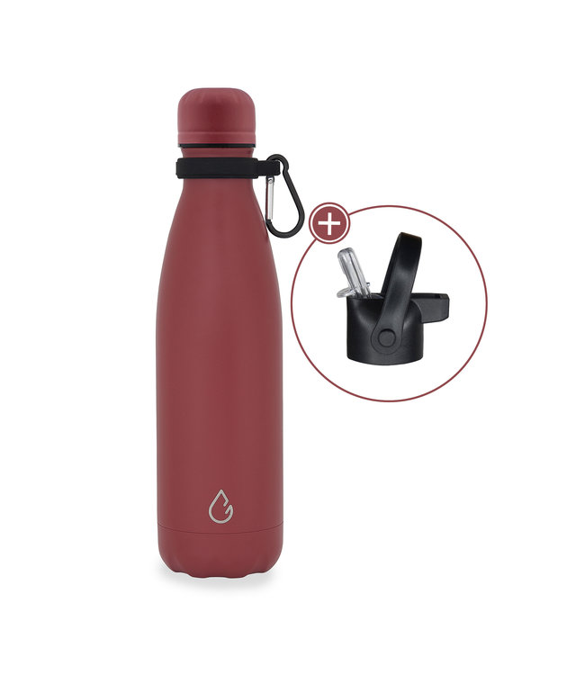 Wattamula Luxe design eco RVS waterfles burgundy 500 ml - extra dop met rietje en carrier