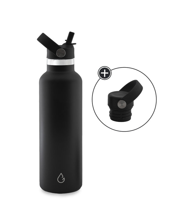 GO waterfles RVS zwart 710 ml - dop met rietje  - Wattamula