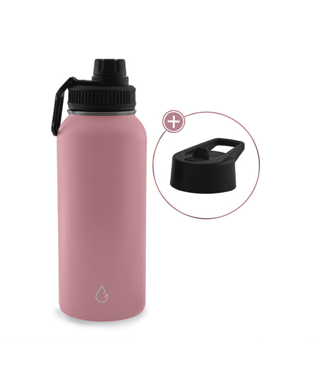 Wattamula PRO eco waterfles RVS roze 1 liter - dop met rietje en sportdop