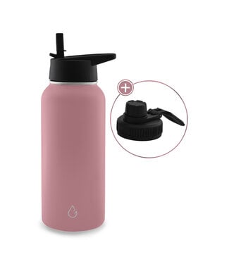 Wattamula PRO eco waterfles RVS roze 1 liter - dop met rietje en sportdop