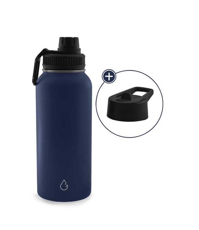 Wattamula PRO eco waterfles RVS donkerblauw 1 liter - dop met rietje en sportdop
