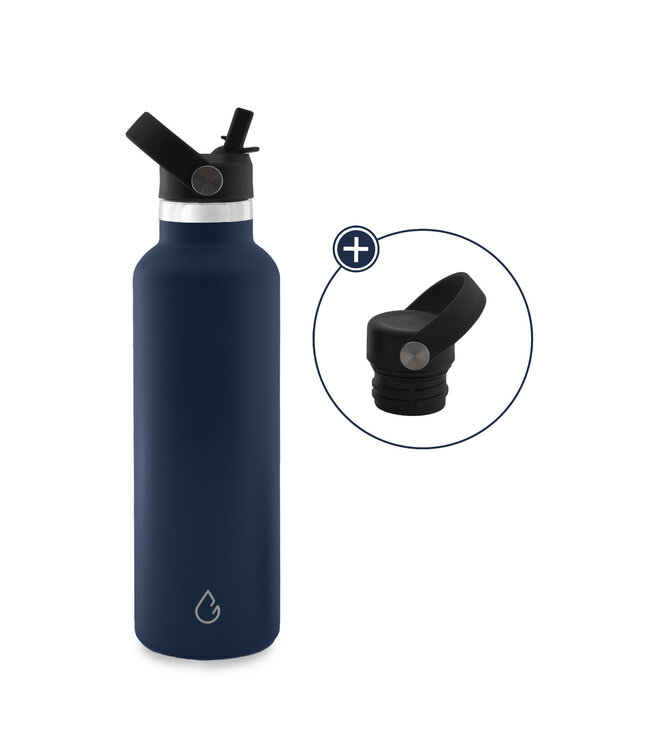 GO waterfles RVS donkerblauw 710 ml - dop met rietje