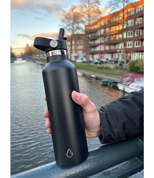 GO waterfles RVS zwart 710 ml - dop met rietje  - Wattamula