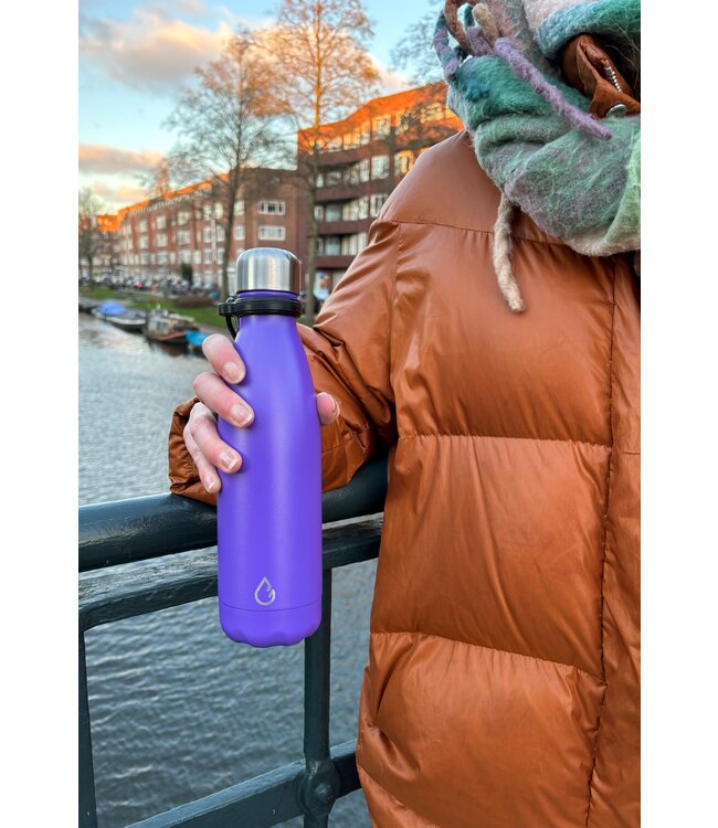 Wattamula Design eco RVS waterfles paars 500 ml - extra dop met rietje en carrier - Wattamula