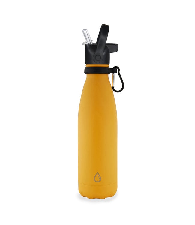 Wattamula Luxe design eco RVS waterfles okergeel 500 ml - extra dop met rietje en carrier