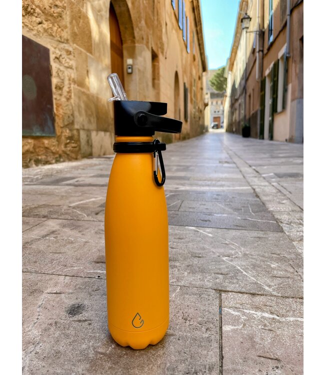 All FLOW waterfles RVS okergeel 500 ml - dop met rietje