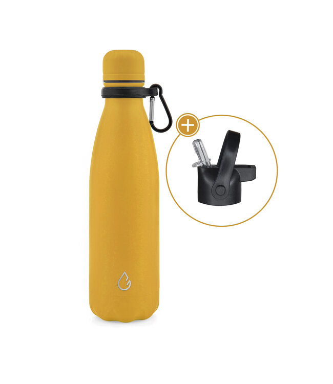 All design waterfles RVS okergeel 500 ml - dop met rietje - Wattamula