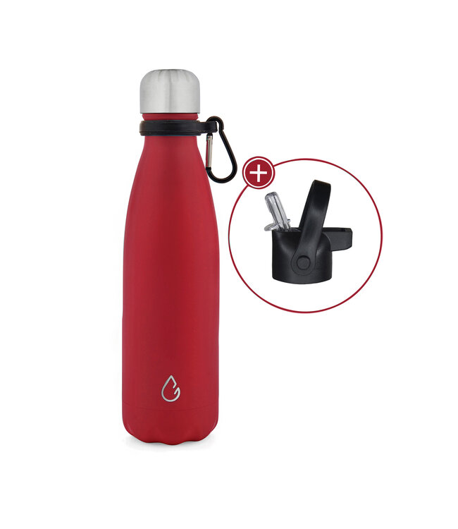 Wattamula Design eco RVS waterfles rood 500 ml - extra dop met rietje en carrier