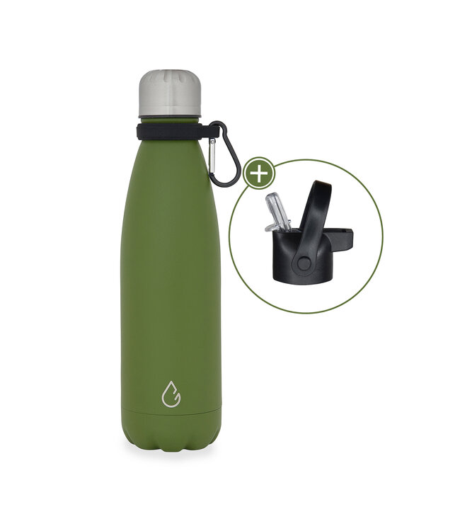 FLOW waterfles RVS olijfgroen 500 ml - dop met rietje