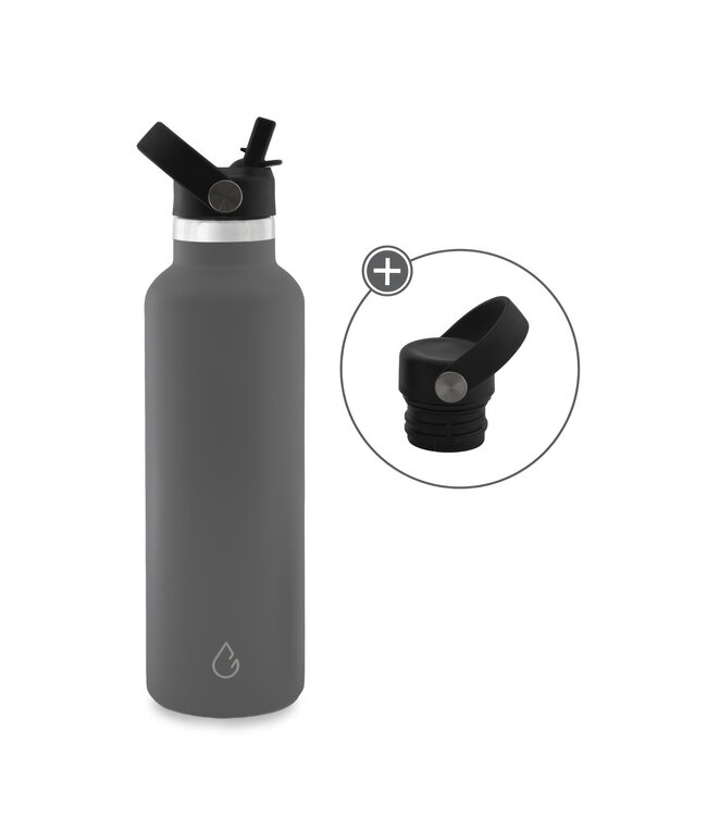 GO waterfles RVS donkergrijs 710 ml - dop met rietje