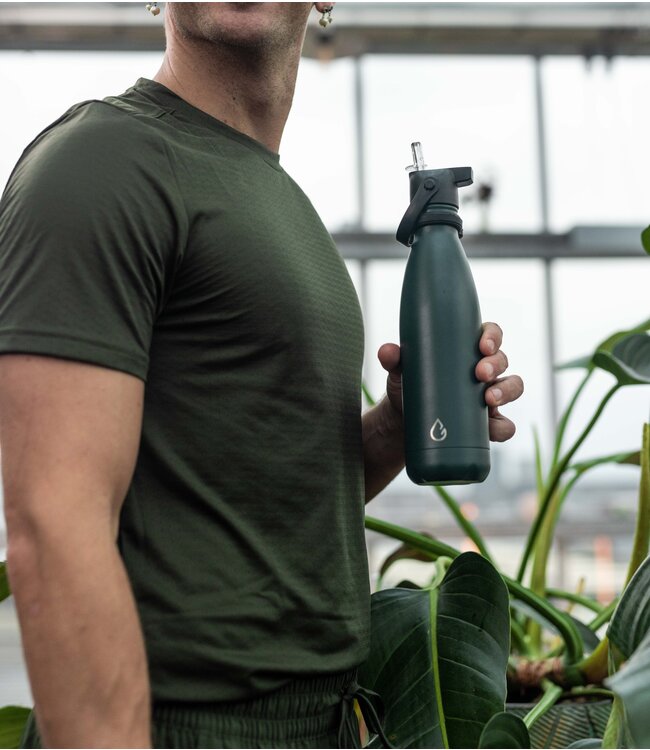 FLOW waterfles RVS mosgroen 500 ml - dop met rietje
