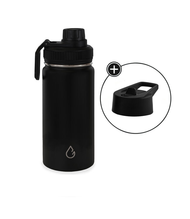 PRO waterfles kinderen RVS zwart 350 ml - dop met rietje en sportdop - Wattamula