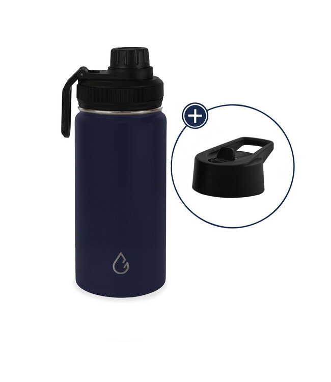 PRO waterfles kinderen RVS donkerblauw 350 ml - dop met rietje en sportdop - Wattamula