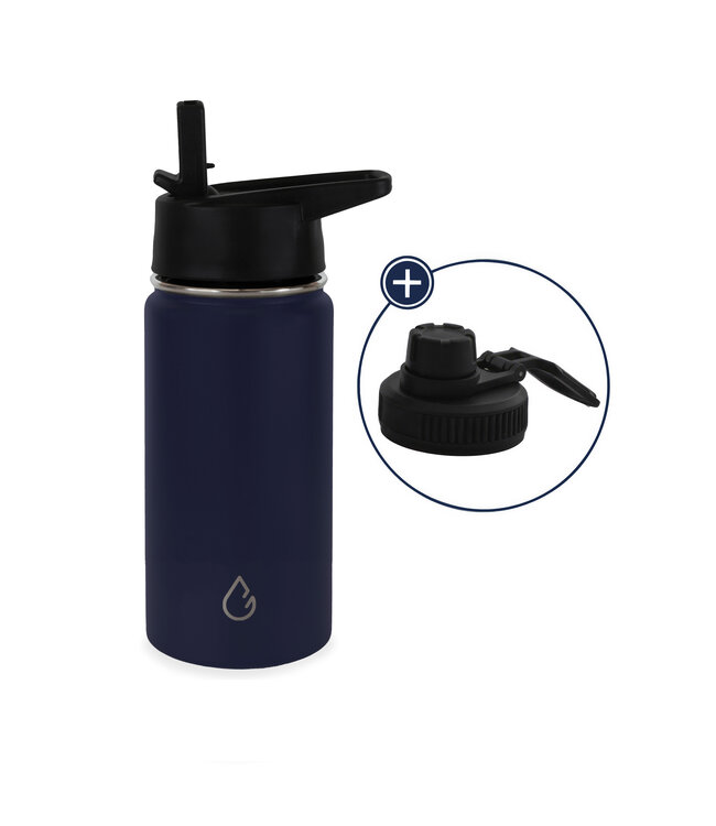 PRO waterfles kinderen RVS donkerblauw 350 ml - dop met rietje en sportdop - Wattamula