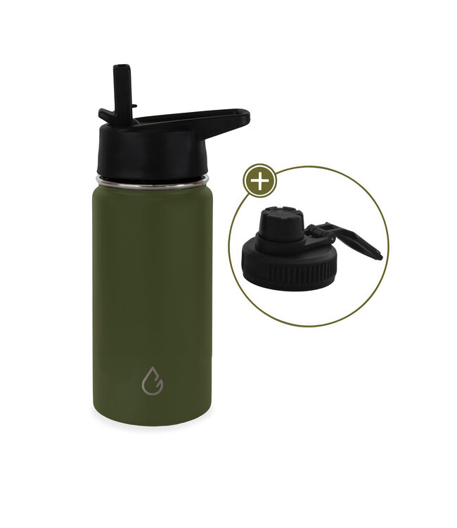 PRO waterfles kinderen RVS olijfgroen 350 ml - dop met rietje en sportdop - Wattamula