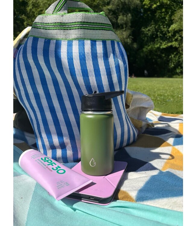 PRO waterfles kinderen RVS olijfgroen 350 ml - dop met rietje en sportdop - Wattamula