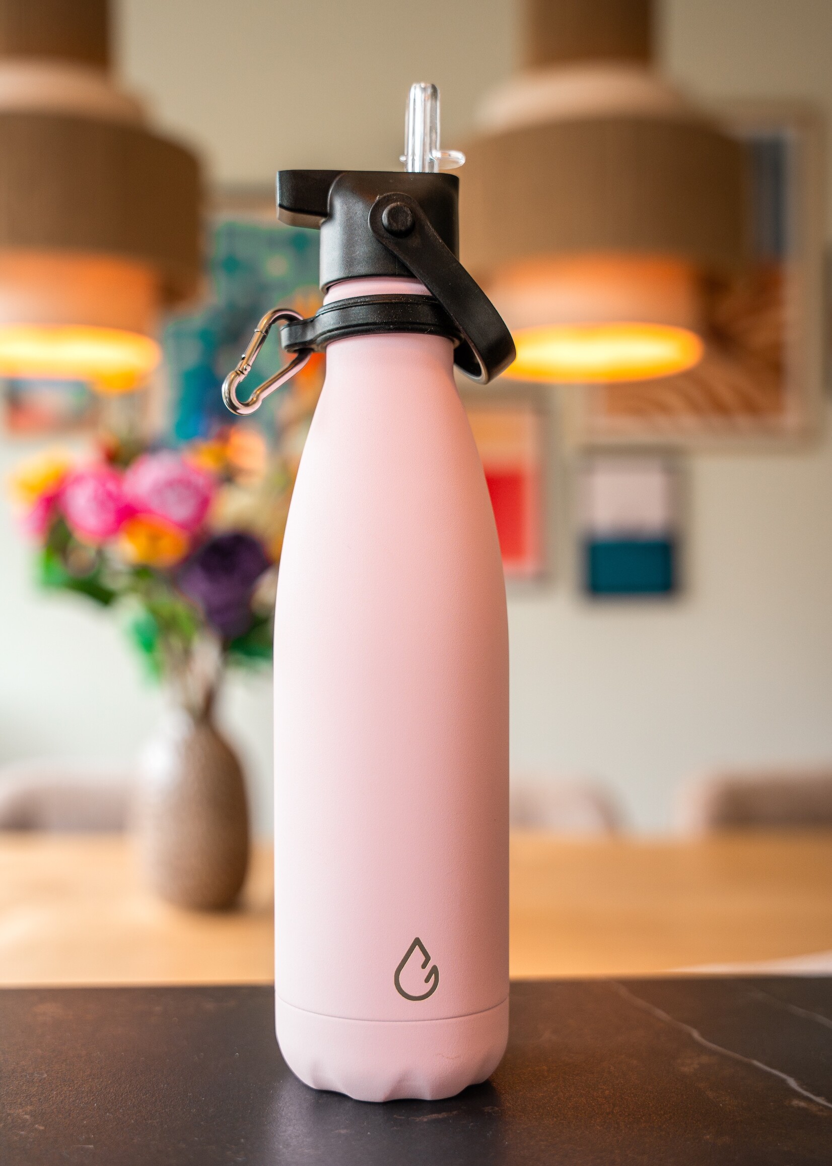 FLOW waterfles RVS pastel roze 500 ml - dop met rietje