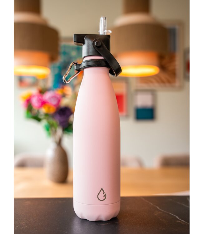 FLOW waterfles RVS pastel roze 500 ml - dop met rietje
