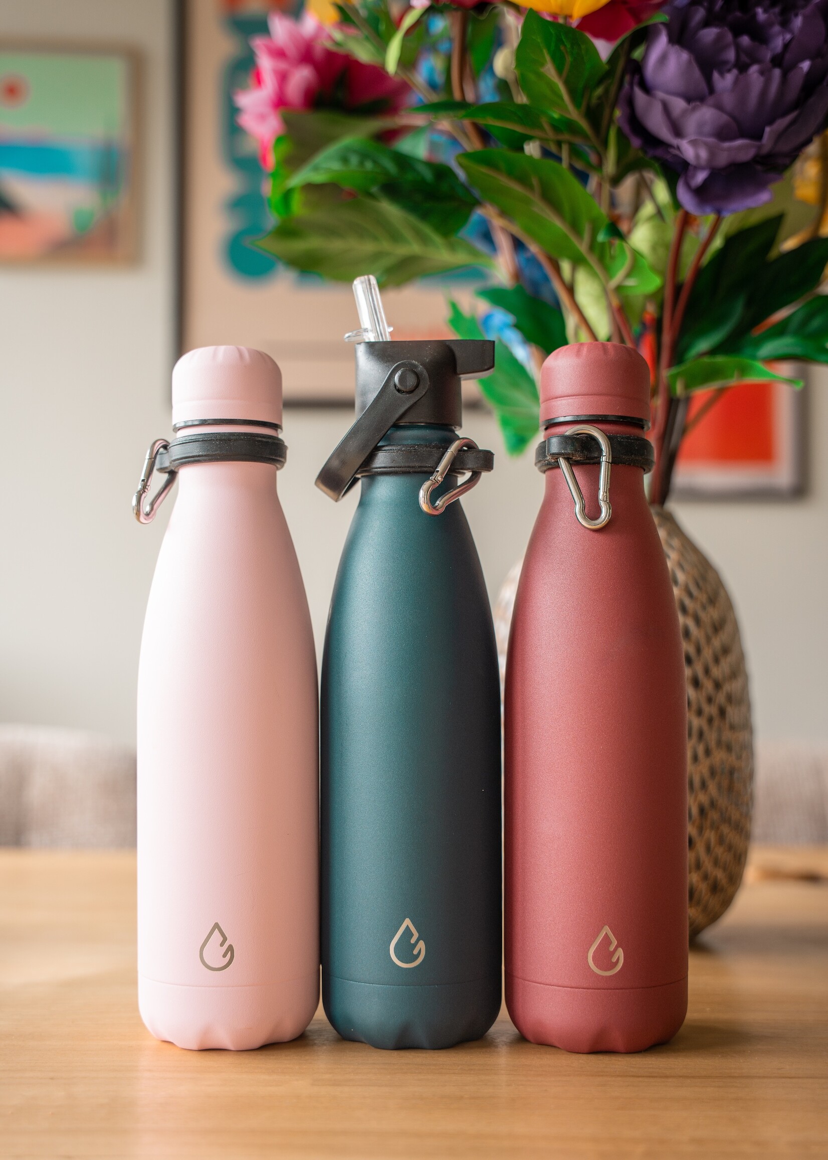 FLOW waterfles RVS pastel roze 500 ml - dop met rietje