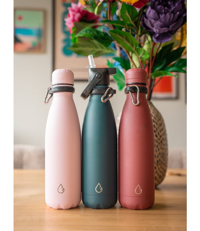 All design waterfles RVS mosgroen 500 ml - dop met rietje - Wattamula