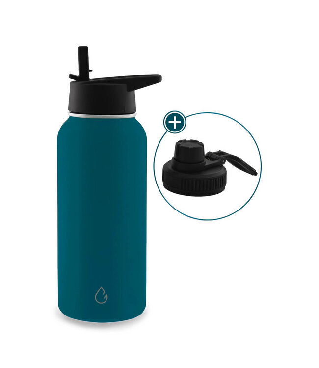 PRO waterfles RVS lagoon 1 liter - dop met rietje en sportdop