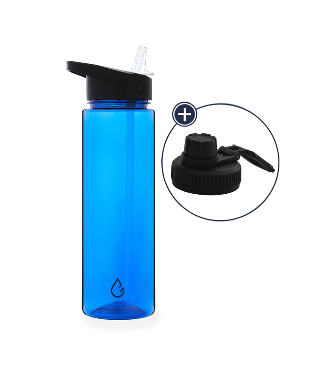 Waterfles donkerblauw transparant 700 ml - dop met rietje en sportdop
