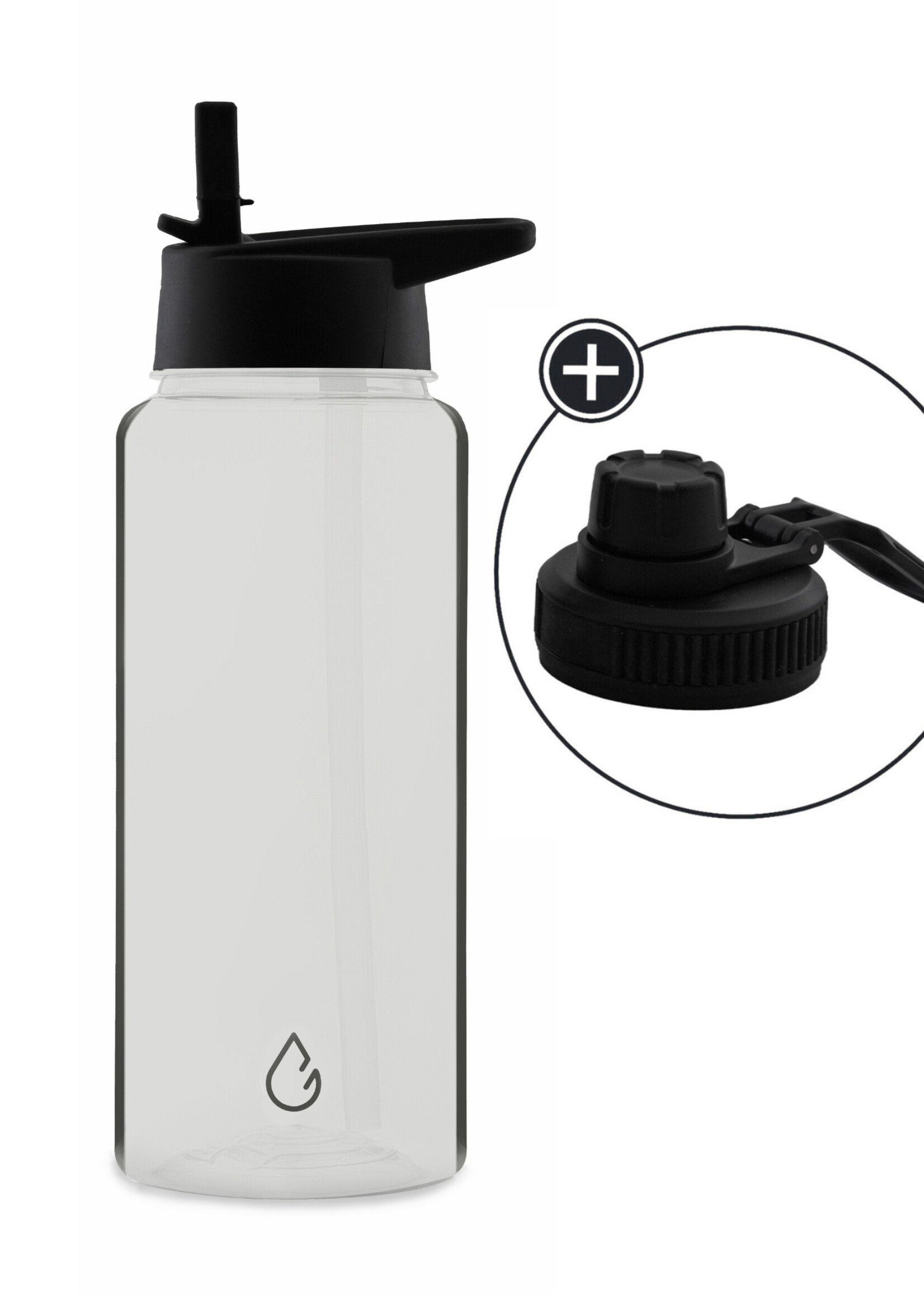 MOVE waterfles transparant 1 liter - dop met rietje en sportdop