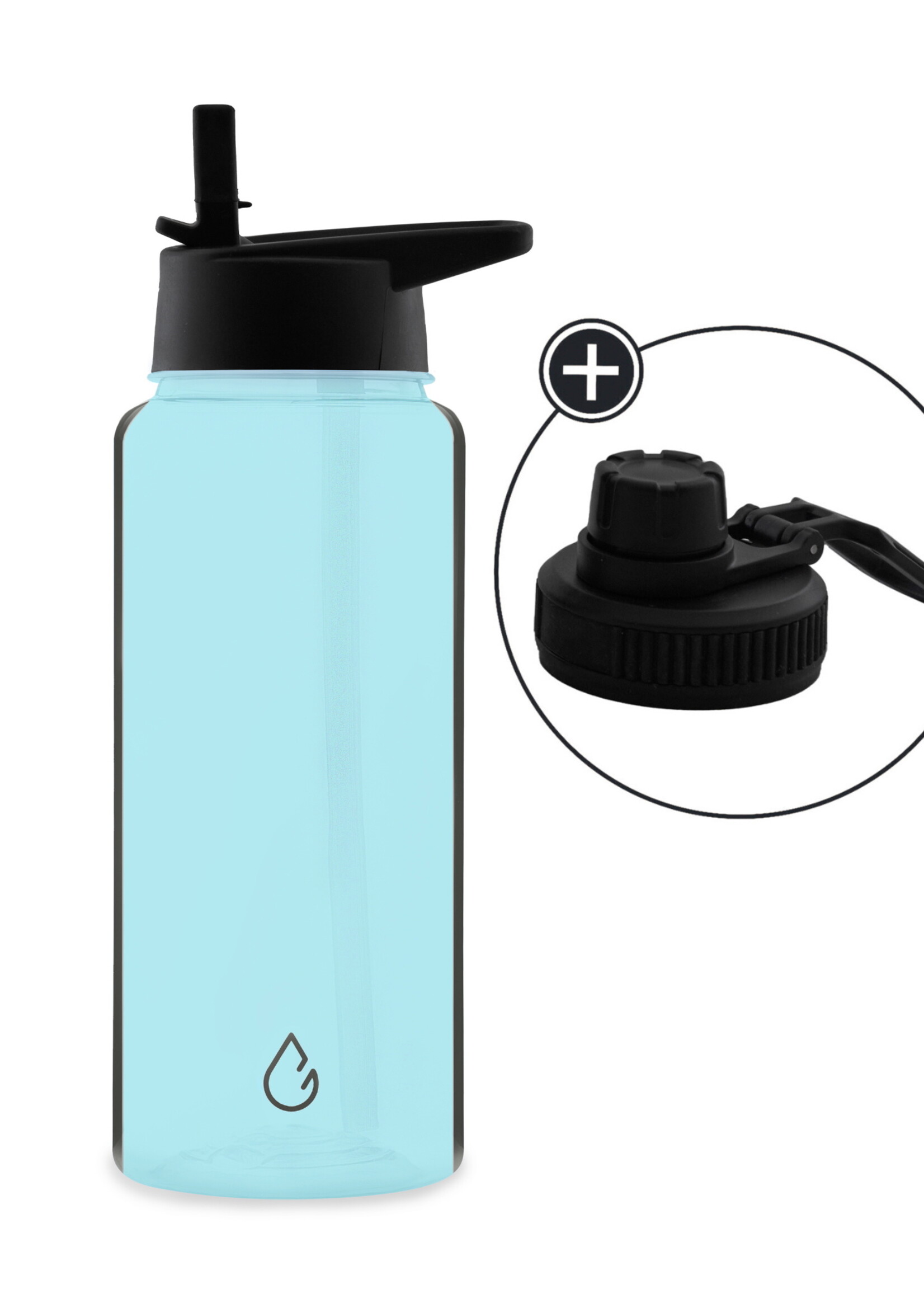 MOVE waterfles lichtblauw transparant 1 liter - dop met rietje en sportdop