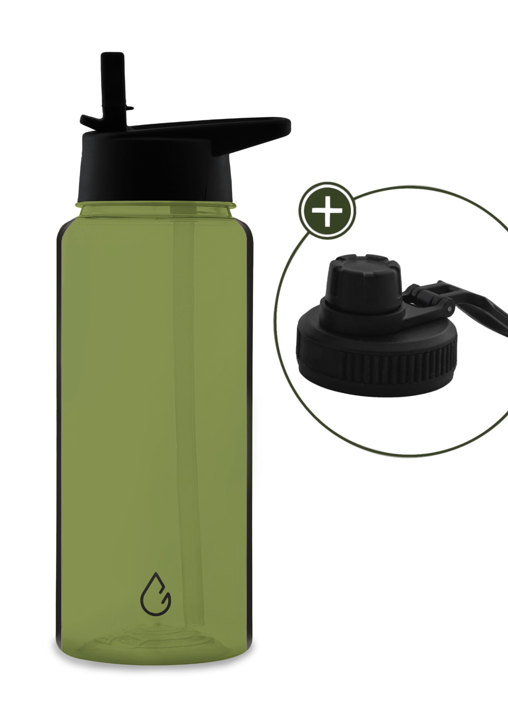 MOVE waterfles olijfgroen transparant 1 liter - dop met rietje en sportdop
