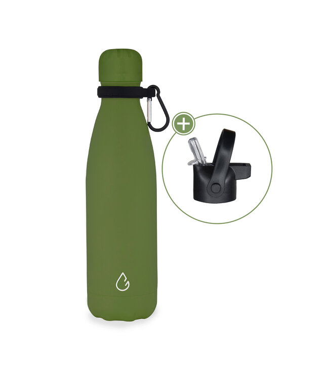 All design waterfles RVS olijfgroen 500 ml - dop met rietje - Wattamula