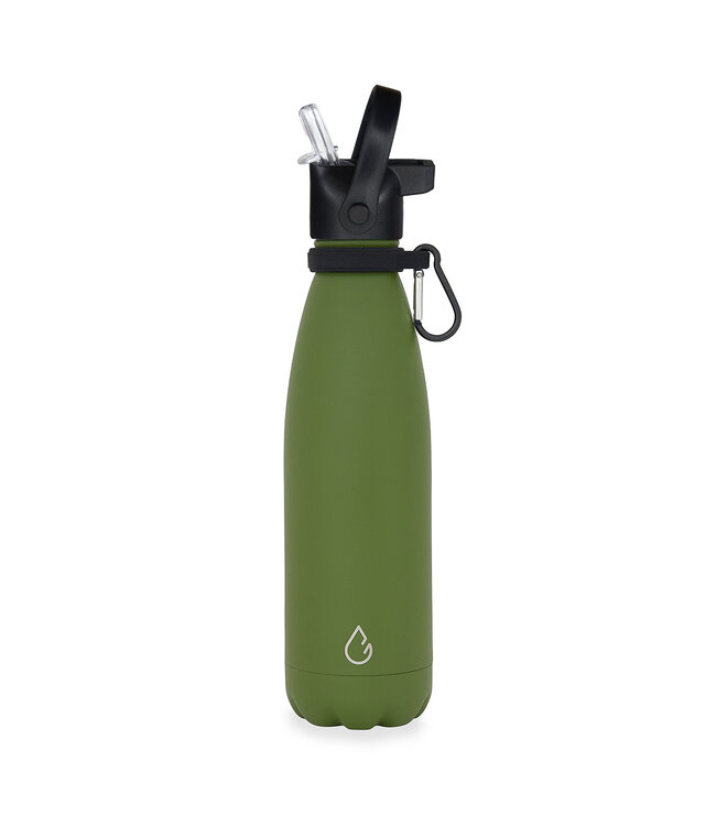 All design waterfles RVS olijfgroen 500 ml - dop met rietje - Wattamula