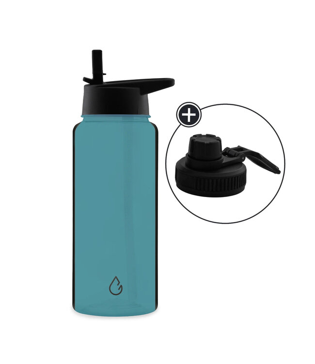 Waterfles lagoon transparant 1 liter - dop met rietje en sportdop - Wattamula