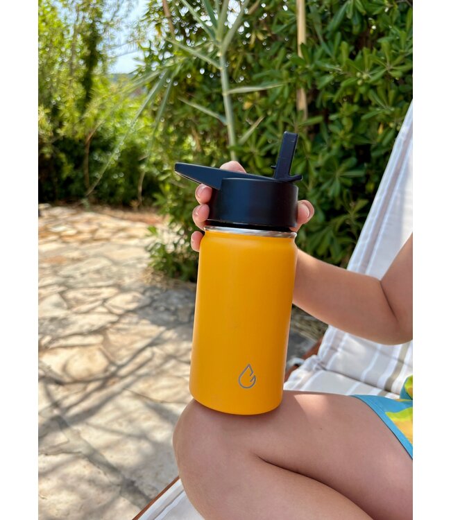 PRO waterfles kinderen RVS okergeel 350 ml - dop met rietje en sportdop - Wattamula