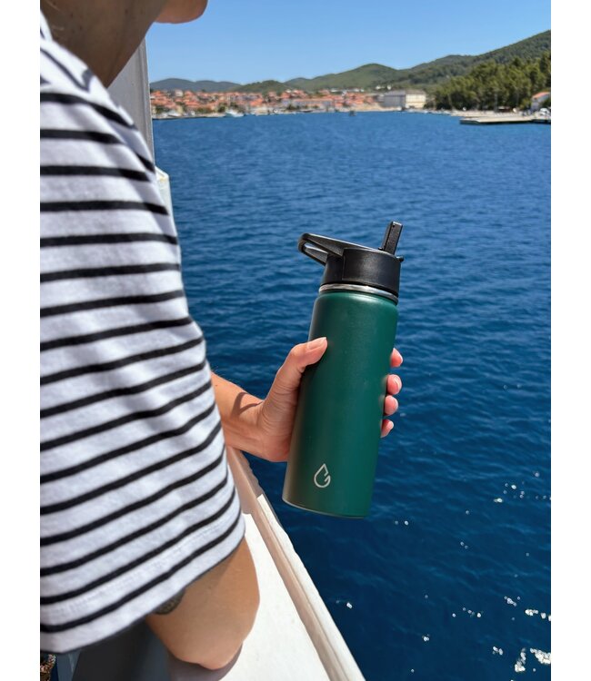 PRO waterfles RVS mosgroen 530 ml - dop met rietje en sportdop  - Wattamula