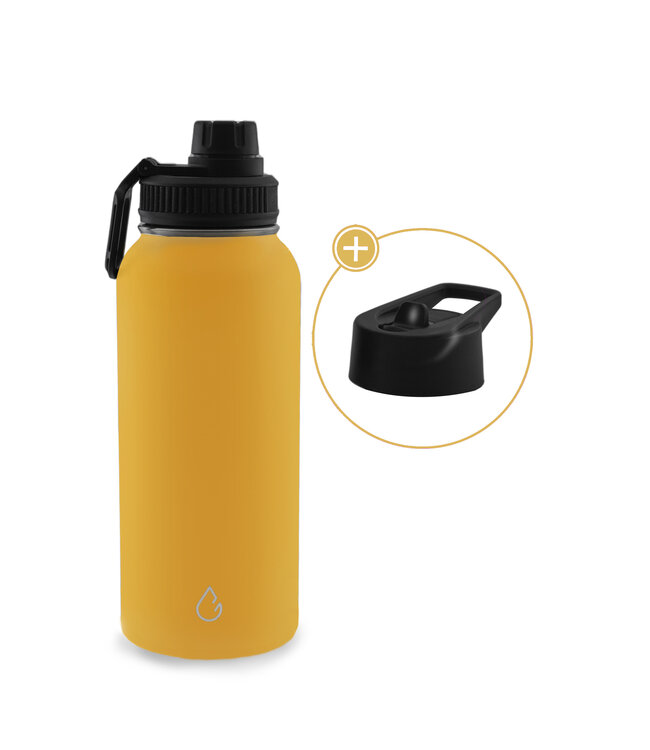 PRO waterfles RVS okergeel 1 liter - dop met rietje en sportdop - Wattamula