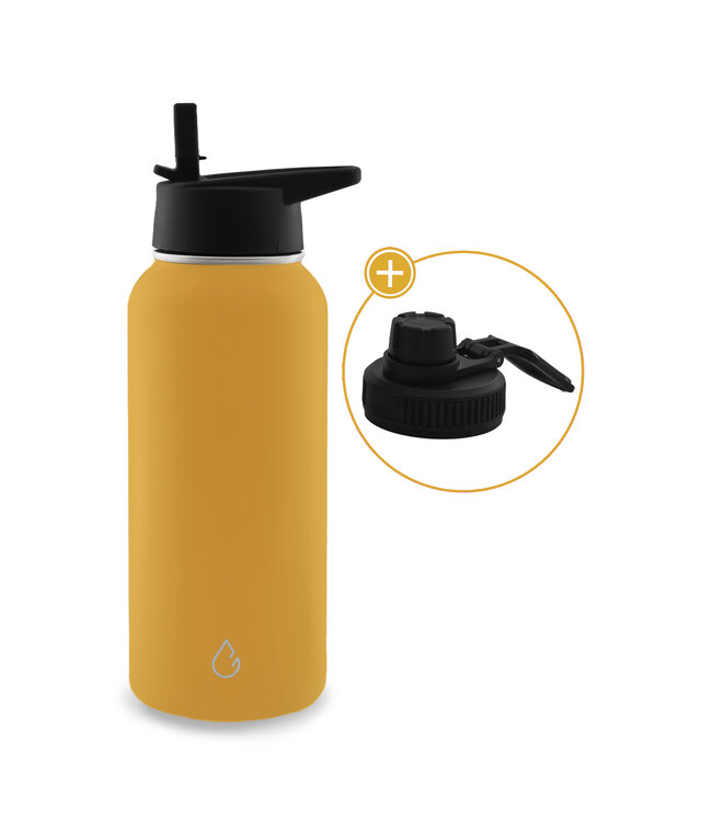PRO waterfles RVS okergeel 1 liter - dop met rietje en sportdop - Wattamula
