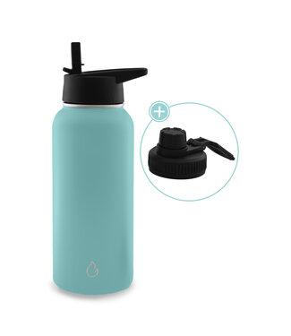 PRO waterfles RVS lichtblauw 1 liter - dop met rietje en sportdop