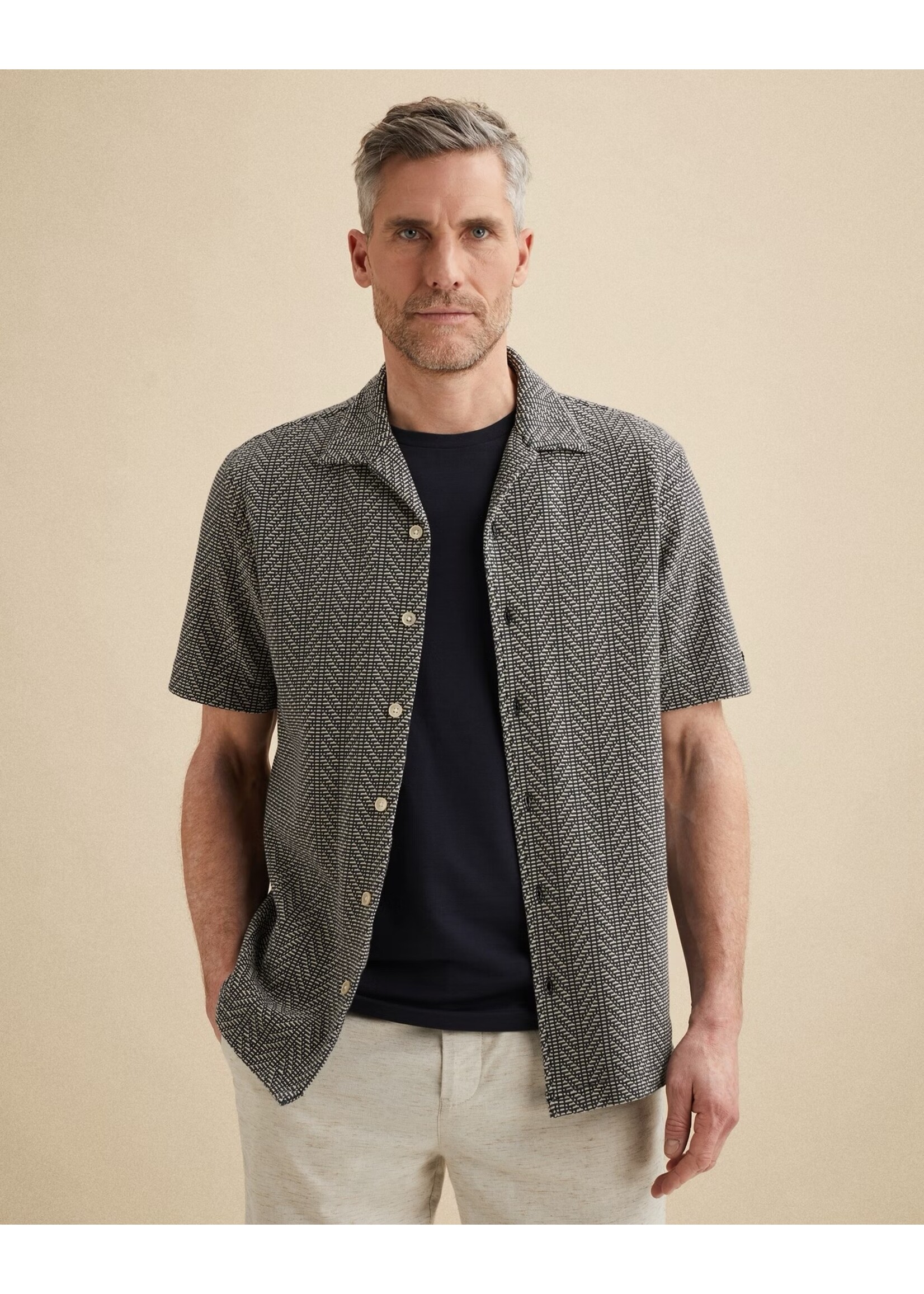 VANGUARD  OVERHEMD MET KORTE MOUWEN EN HERRINGBONE STRUCTUUR- MIDNIGHT NAVY