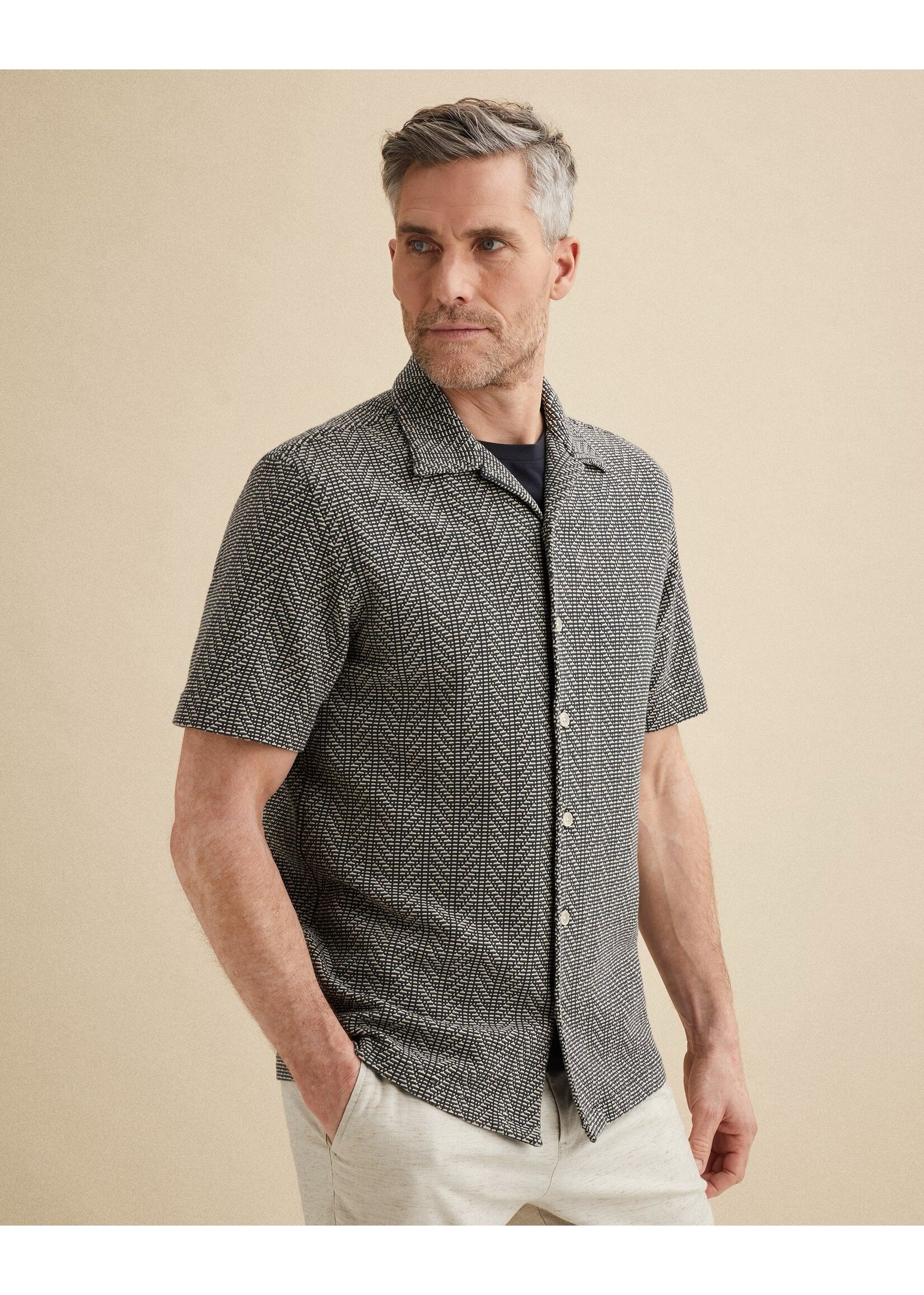 VANGUARD  OVERHEMD MET KORTE MOUWEN EN HERRINGBONE STRUCTUUR- MIDNIGHT NAVY