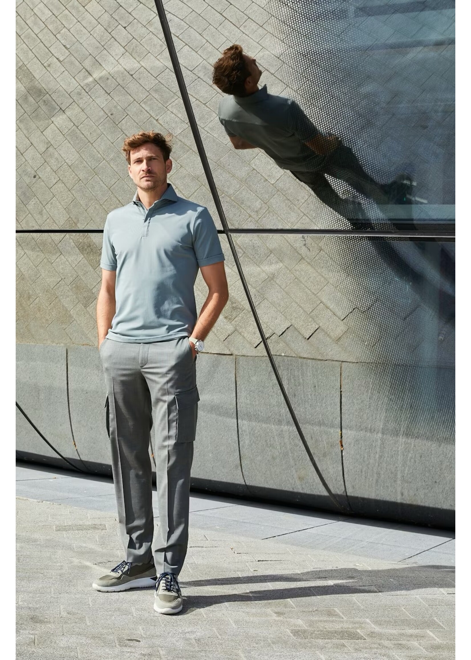 JOHN MILLER Staalblauw slim fit hyperstretch polo shirt met ritssluiting in korte mouw