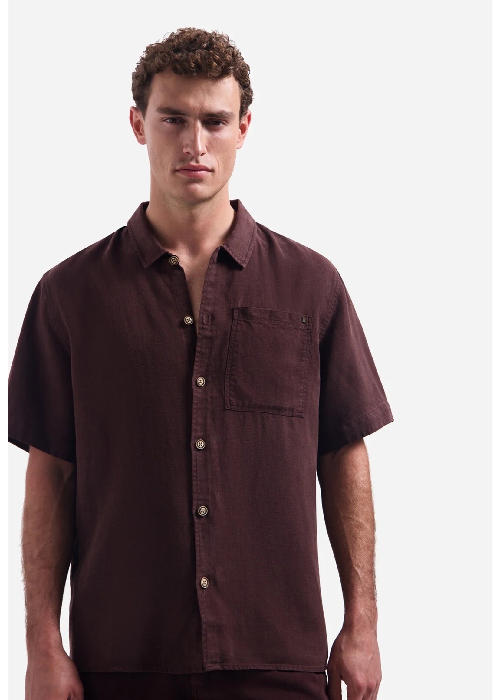 NO EXCESS  Overhemd van linnenmix met korte mouwen | Dark Brown