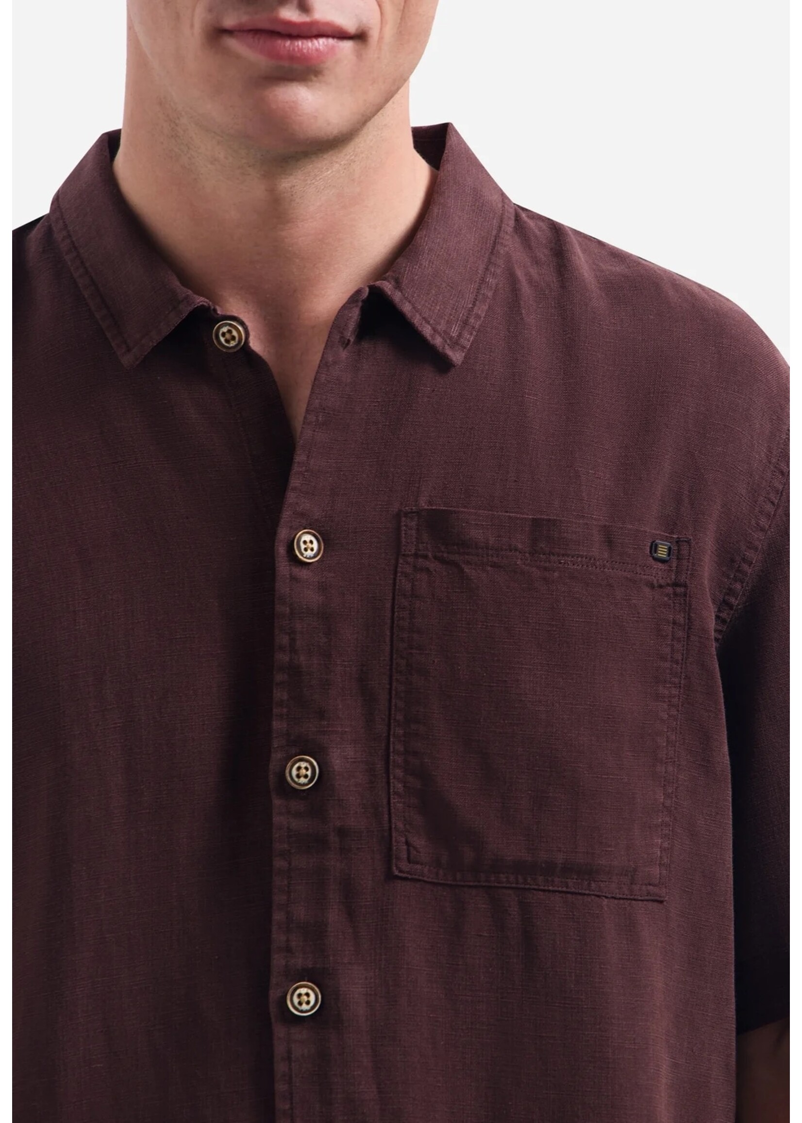 NO EXCESS  Overhemd van linnenmix met korte mouwen | Dark Brown