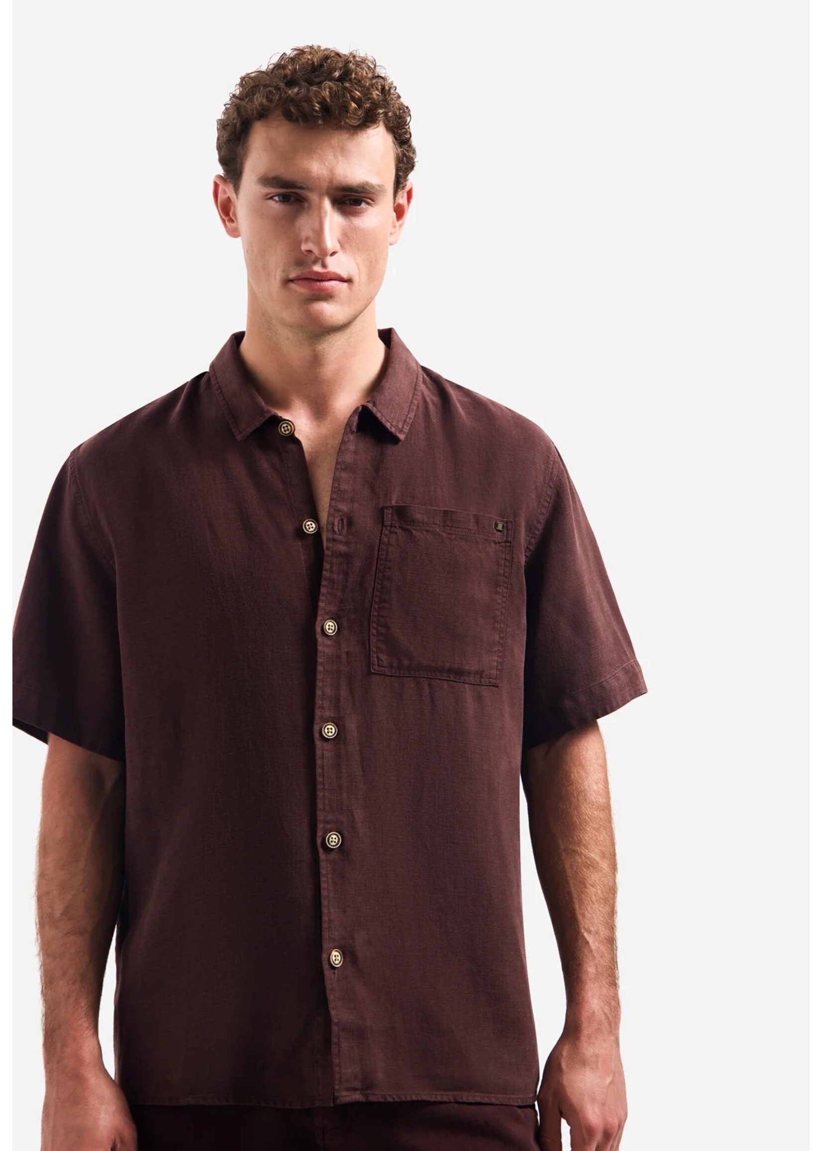 NO EXCESS  Overhemd van linnenmix met korte mouwen | Dark Brown