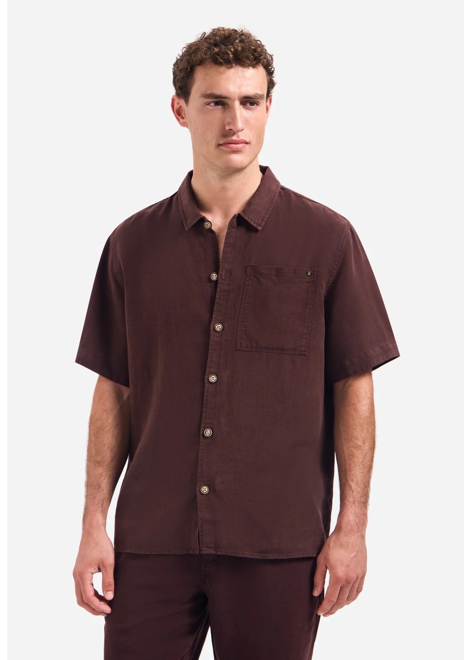 NO EXCESS  Overhemd van linnenmix met korte mouwen | Dark Brown