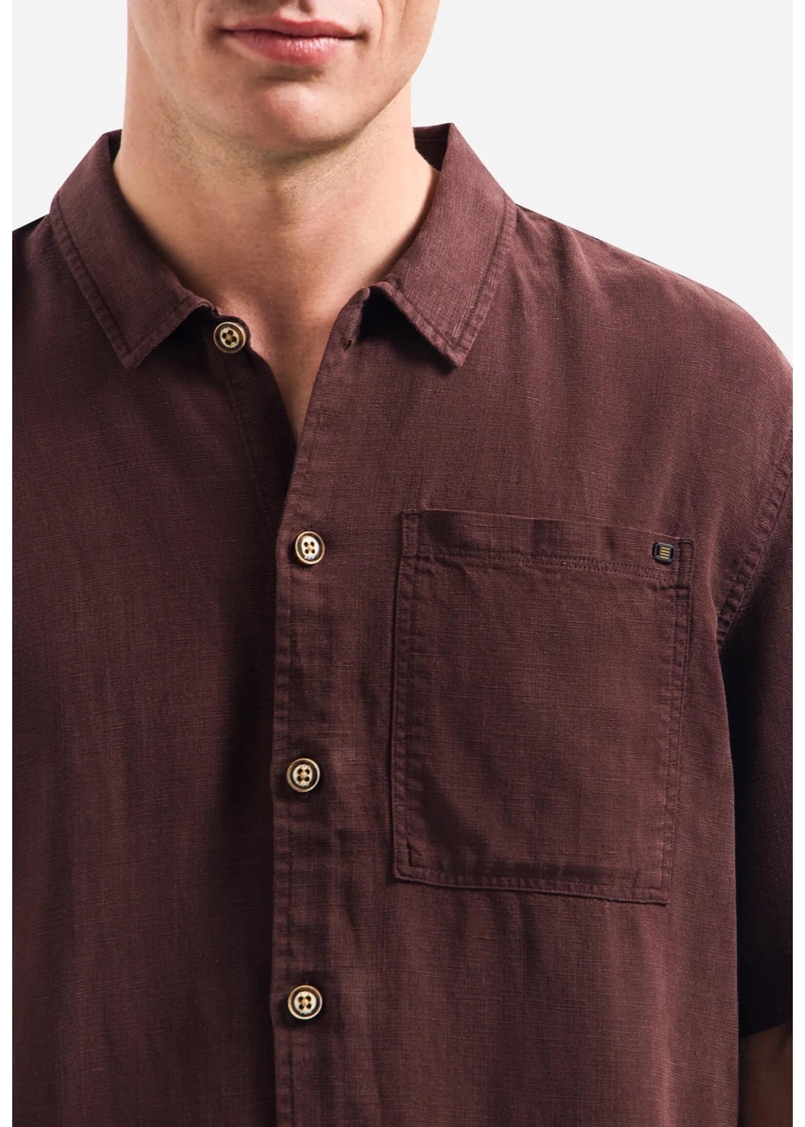 NO EXCESS  Overhemd van linnenmix met korte mouwen | Dark Brown