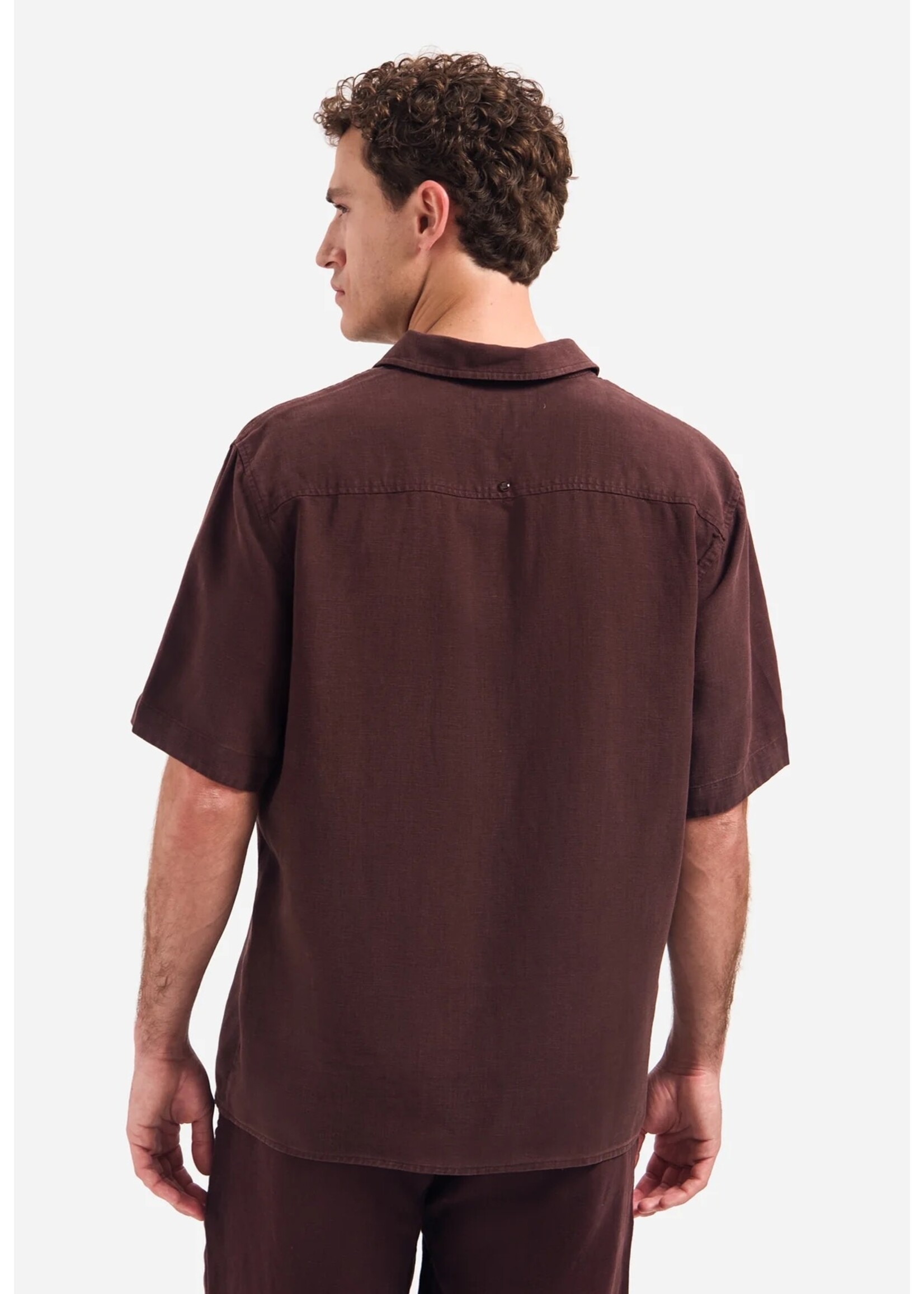 NO EXCESS  Overhemd van linnenmix met korte mouwen | Dark Brown